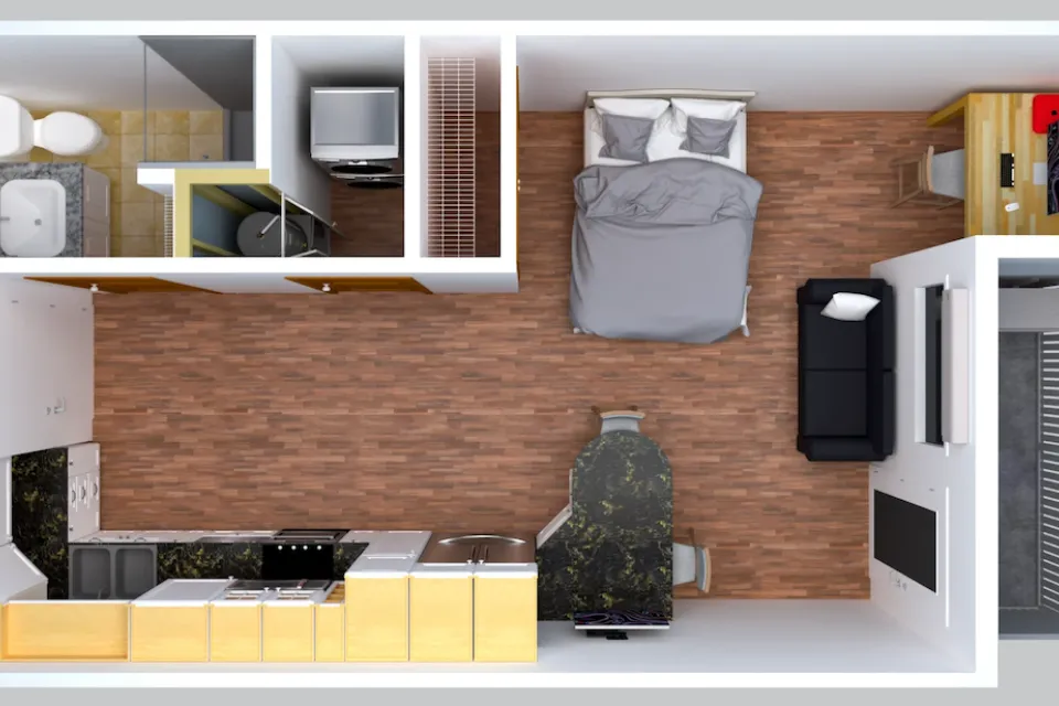 Bird's eye view of studio apartment design.